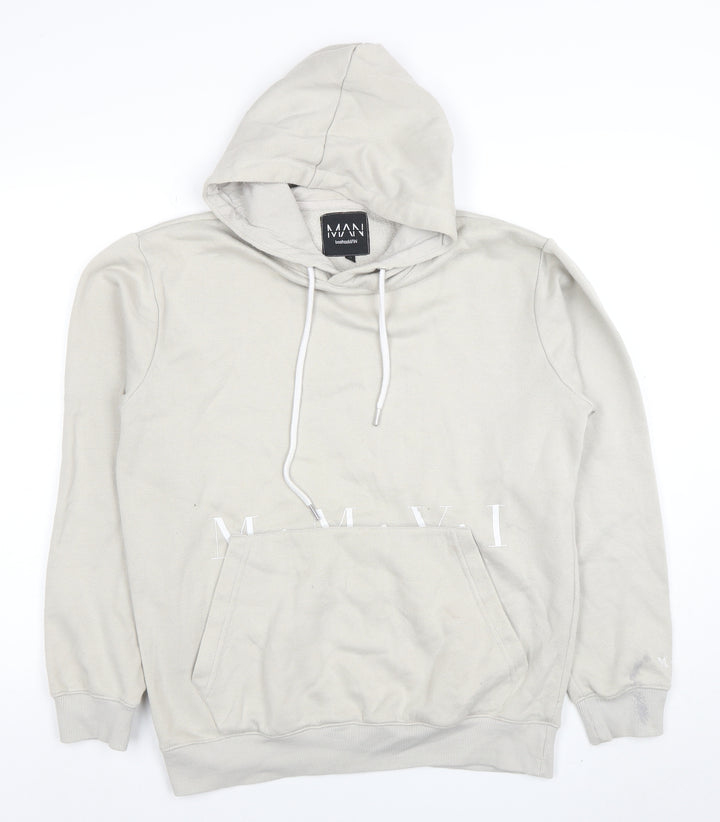 boohooMAN Men's Beige Pullover Hoodie Size S Logo Graphic Fleece