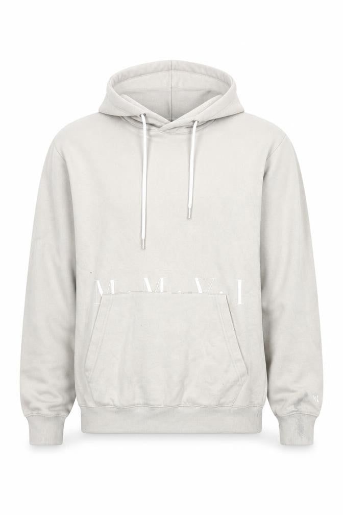 Front view of boohooMAN Men's Beige Pullover Hoodie, size S, Logo Graphic Fleece