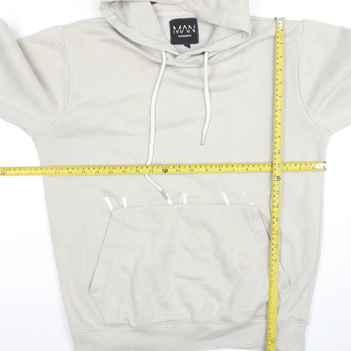 boohooMAN Men's Beige Pullover Hoodie Size S Logo Graphic Fleece