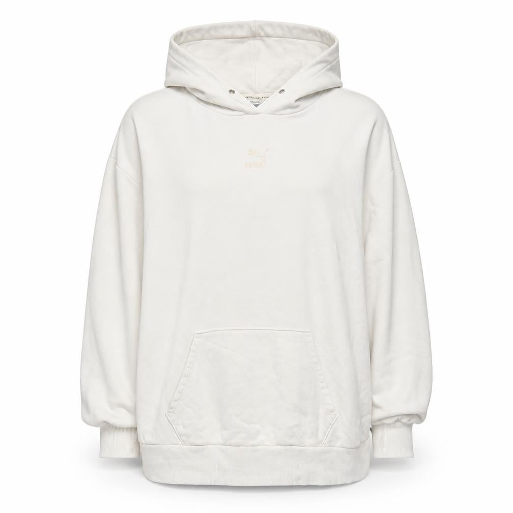 Front view of Puma women’s white cotton pullover hoodie, size L, casual sweatshirt