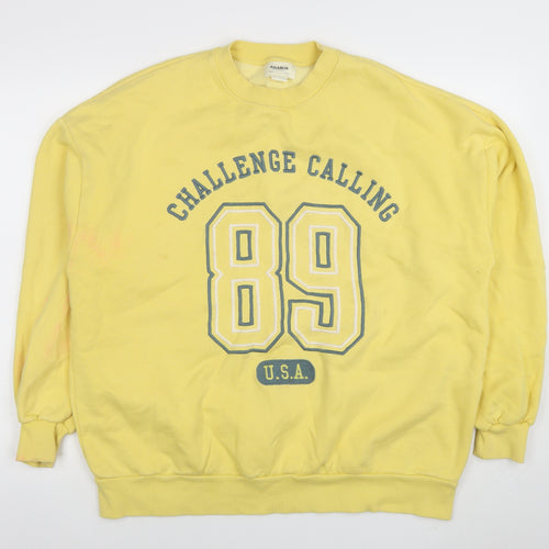 Pull&Bear Women Yellow Graphic 89 Crew Neck Pullover Sweatshirt M