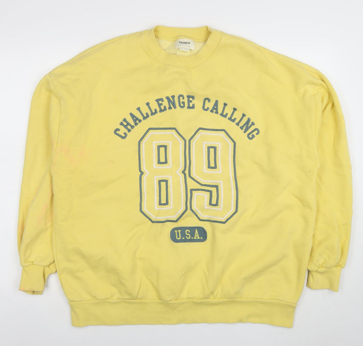 Pull&Bear Women Yellow Graphic 89 Crew Neck Pullover Sweatshirt M