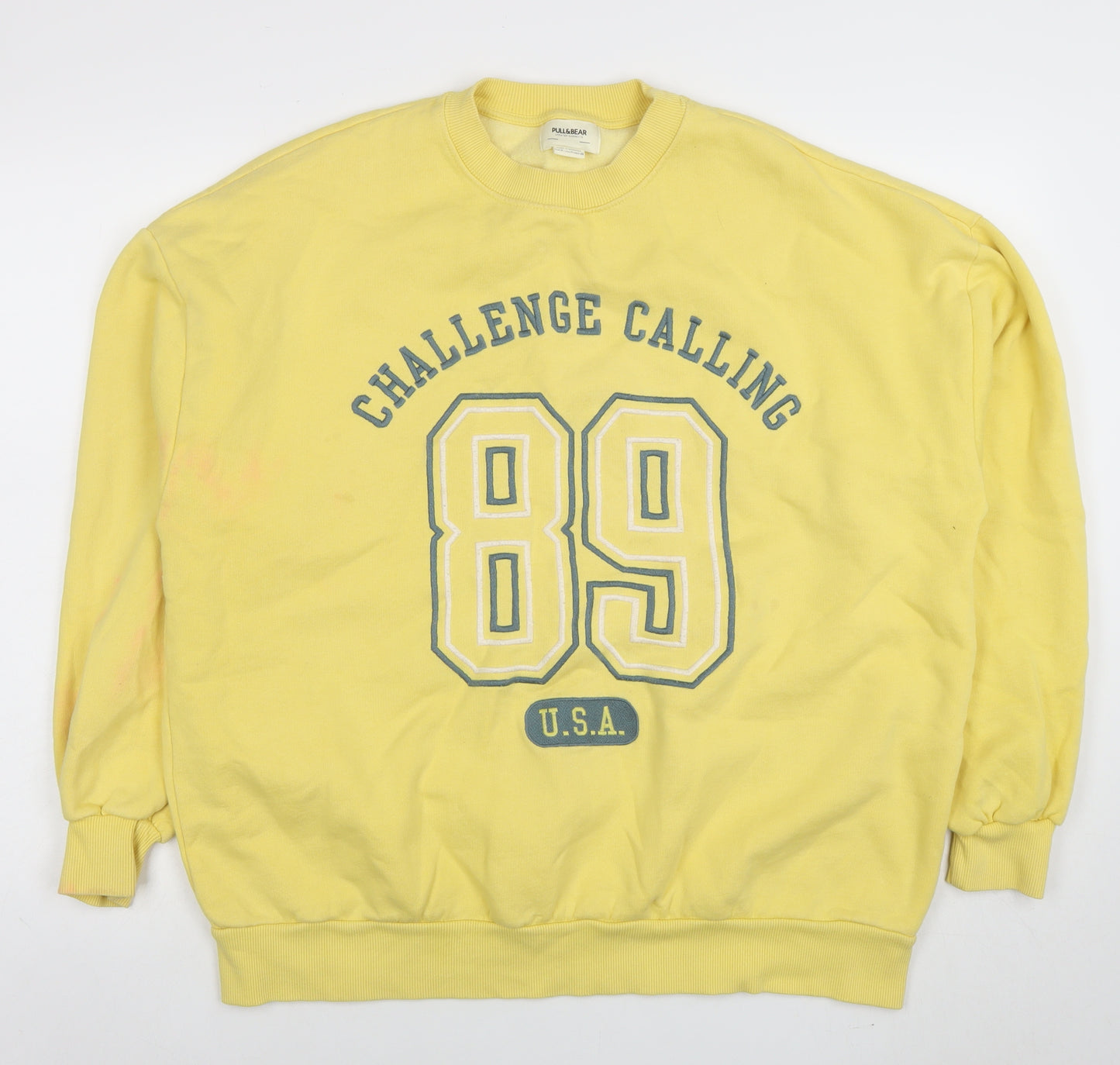 Pull&Bear Women Yellow Graphic 89 Crew Neck Pullover Sweatshirt M