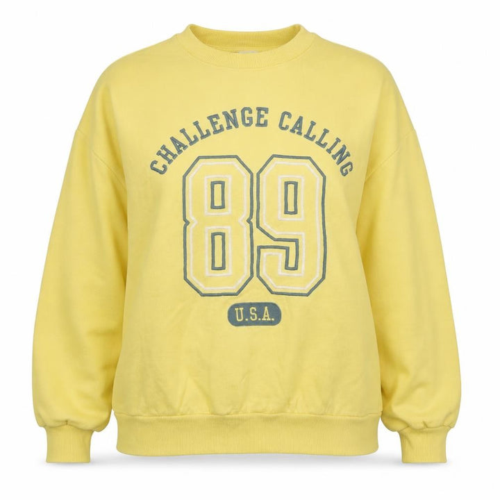 Pull&Bear Women Yellow Graphic 89 Crew Neck Pullover Sweatshirt M