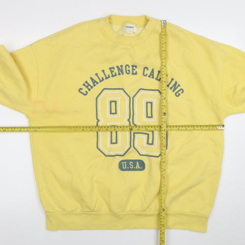 Pull&Bear Women Yellow Graphic 89 Crew Neck Pullover Sweatshirt M