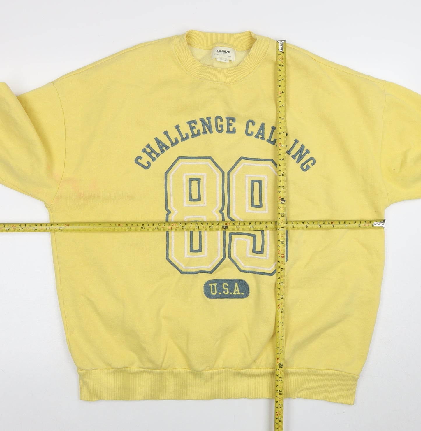 Pull&Bear Women Yellow Graphic 89 Crew Neck Pullover Sweatshirt M
