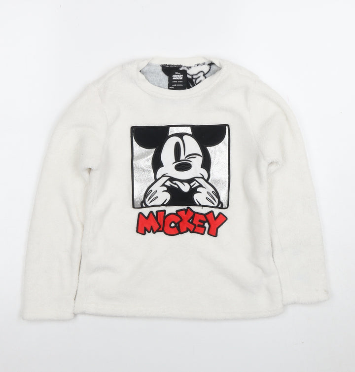 Disney Girls White Mickey Mouse Fleece Pullover Sweatshirt 8-9 Years