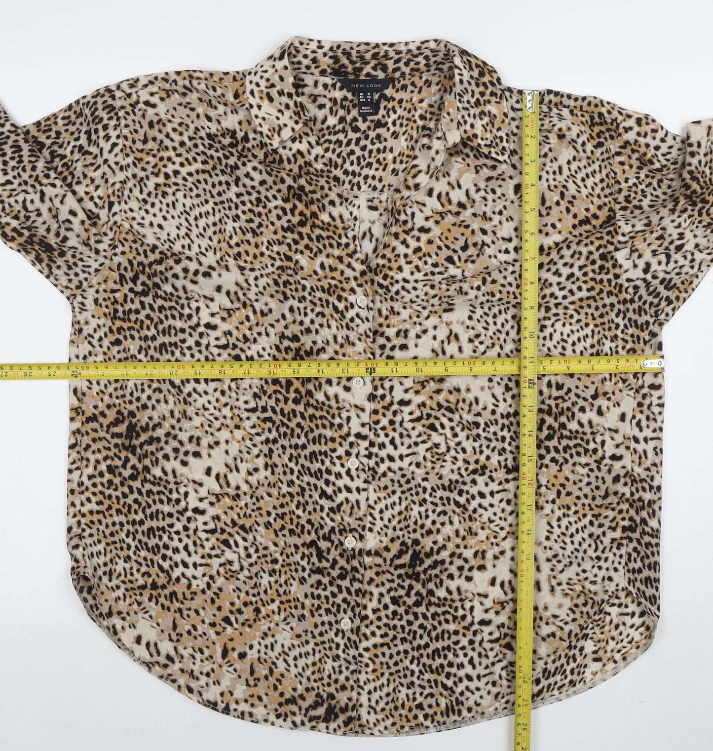 New Look Women’s Beige Animal Print Long Sleeve Button-Up Shirt Size 16