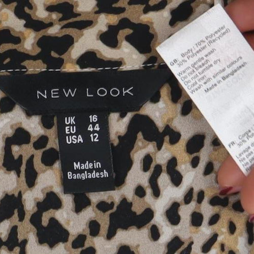 New Look Women’s Beige Animal Print Long Sleeve Button-Up Shirt Size 16