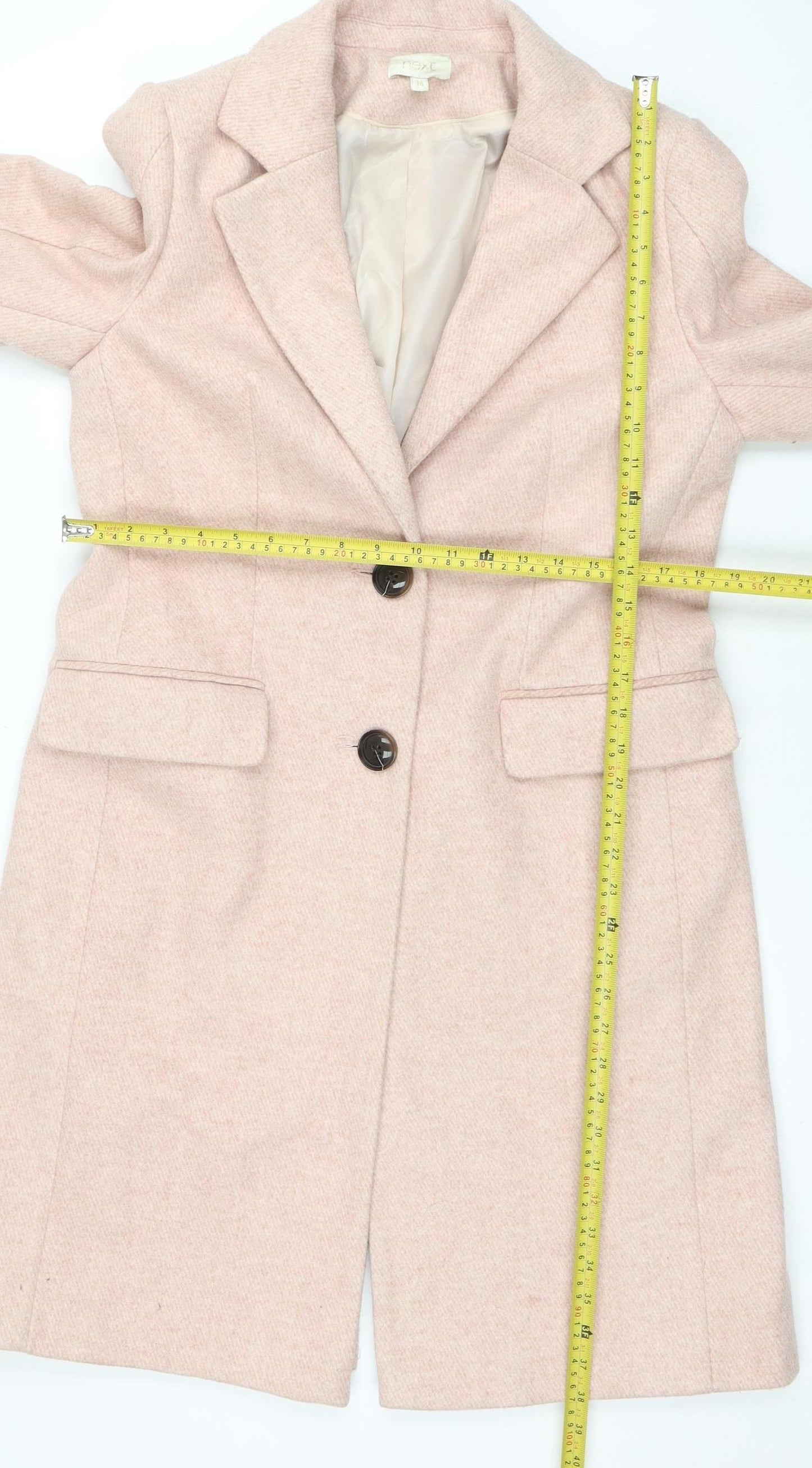 Next Women Beige Mid-Length Overcoat Size 14 Lined Button Classic Style