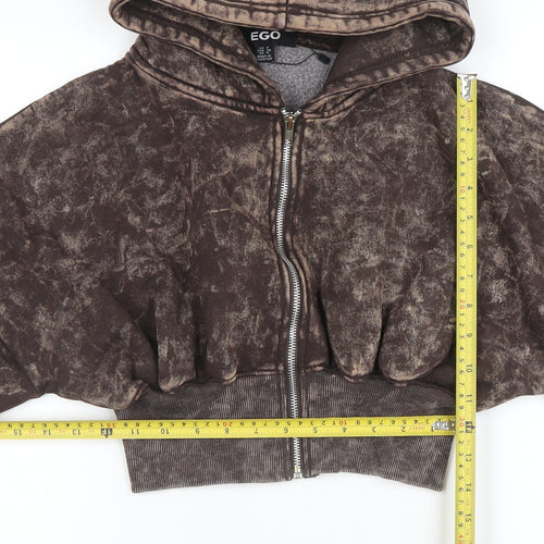 EGO Women Brown Acid Wash Cropped Full Zip Hoodie UK 8