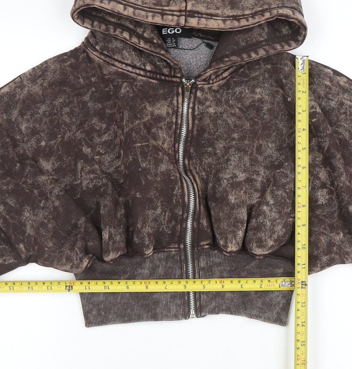 EGO Women Brown Acid Wash Cropped Full Zip Hoodie UK 8