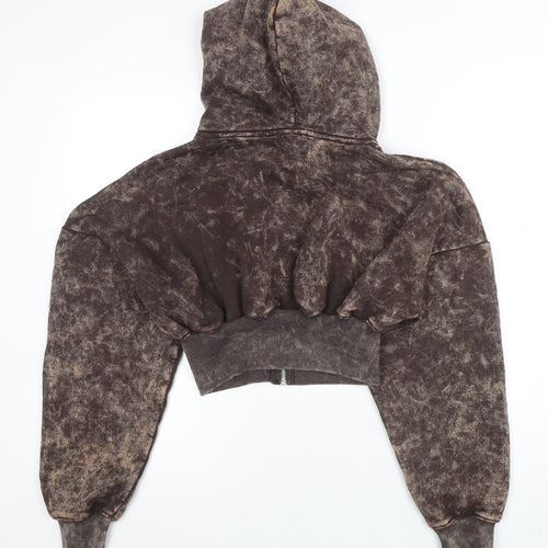 EGO Women Brown Acid Wash Cropped Full Zip Hoodie UK 8