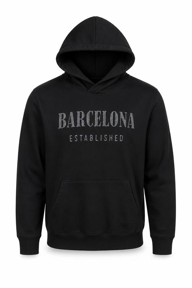 Front view of Barcelona Designs Men's Black Pullover Hoodie, size L, Graphic Cotton