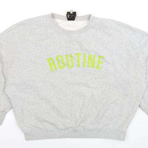 Oui Women Grey Cotton Pullover Sweatshirt Size S Routine Print