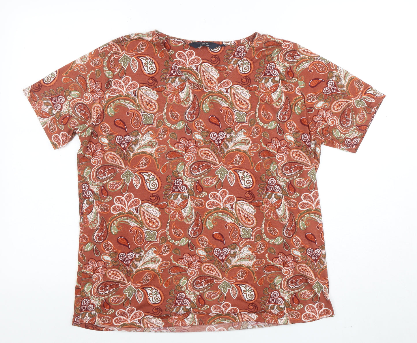 Isle Essentials Women’s Brown Paisley Polyester Short Sleeve T-Shirt Size M 14-16