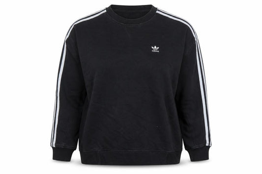 Front view of Adidas women’s black crew neck pullover sweatshirt, size UK 12, cotton