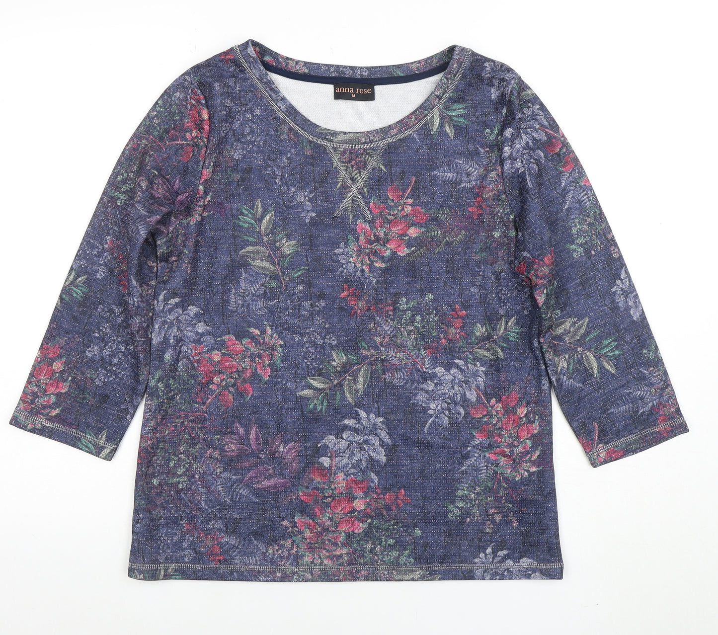 Anna Rose Women's Blue Floral 3/4 Sleeve Jersey Top Size M