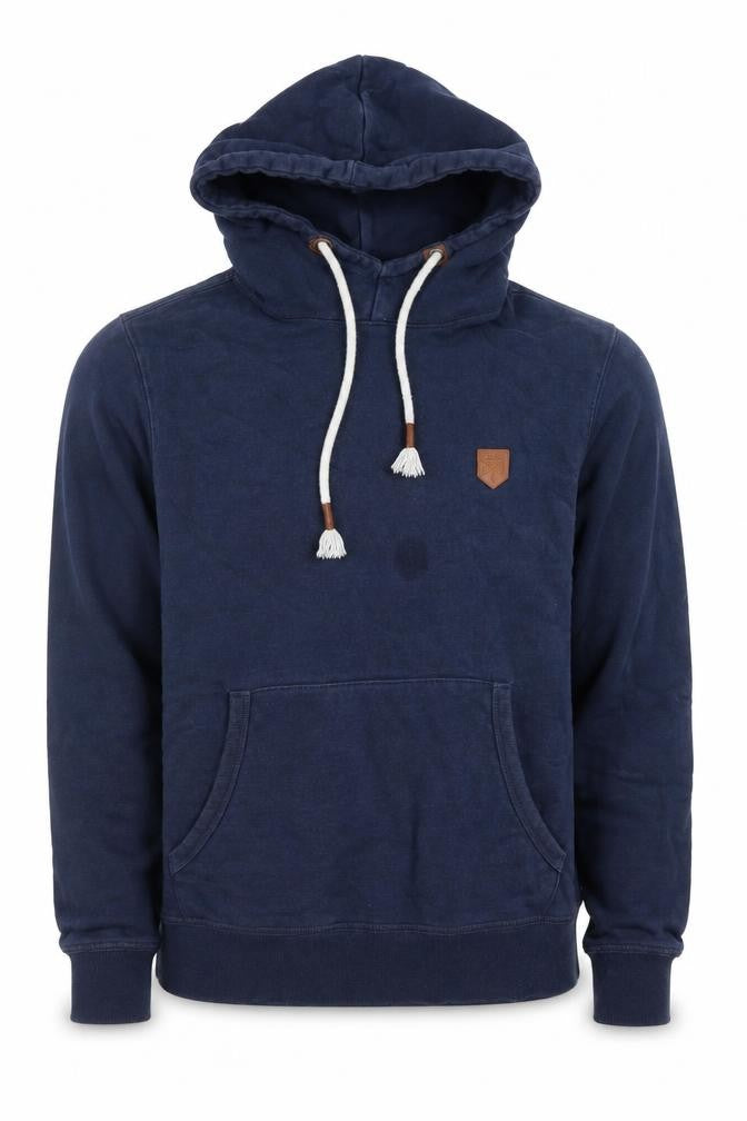 Front view of Jack & Jones Men’s Blue Pullover Hoodie, size M, Cotton Logo Style
