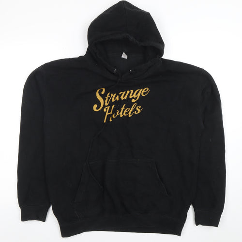 Just Hoods Mens Black Pullover Hoodie L Graphic Strange Hotels