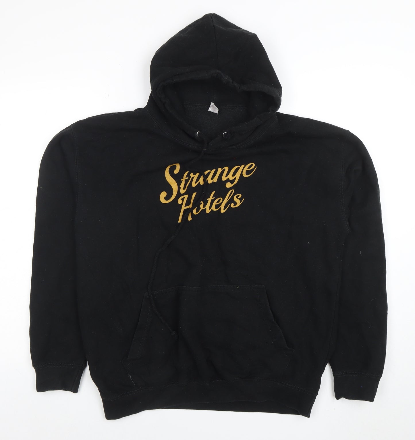 Just Hoods Mens Black Pullover Hoodie L Graphic Strange Hotels