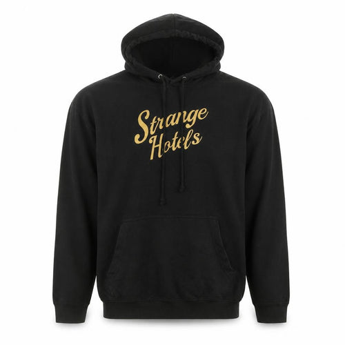 Just Hoods Mens Black Pullover Hoodie L Graphic Strange Hotels