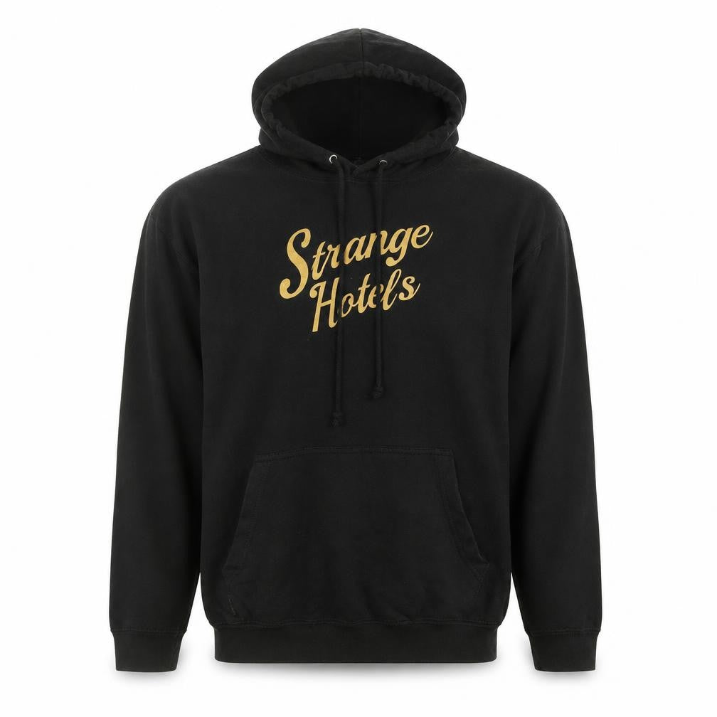 Just Hoods Mens Black Pullover Hoodie L Graphic Strange Hotels