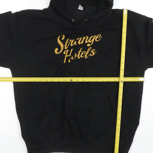 Just Hoods Mens Black Pullover Hoodie L Graphic Strange Hotels