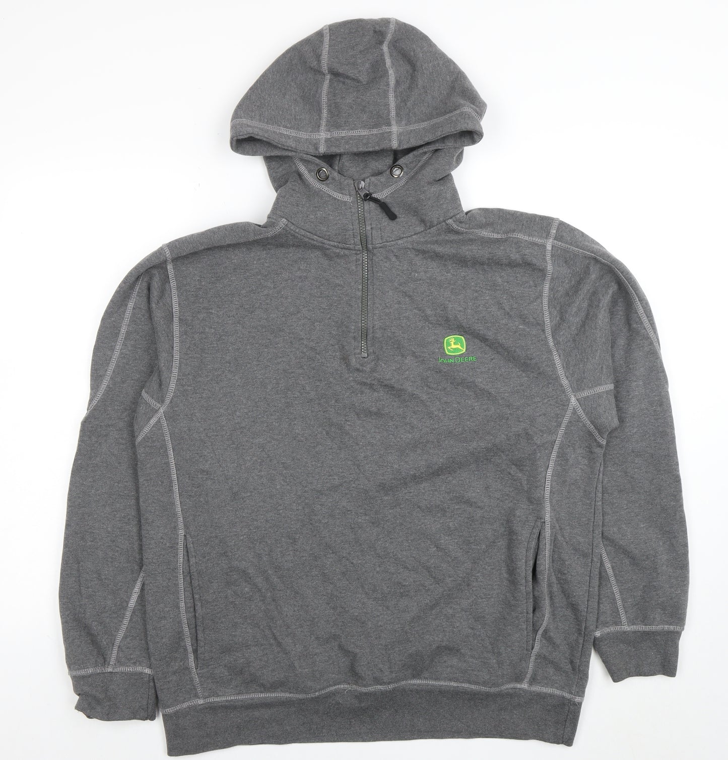 John Deere Men's Grey L 1/2 Zip Hoodie Fleece Pullover Logo Sweatshirt