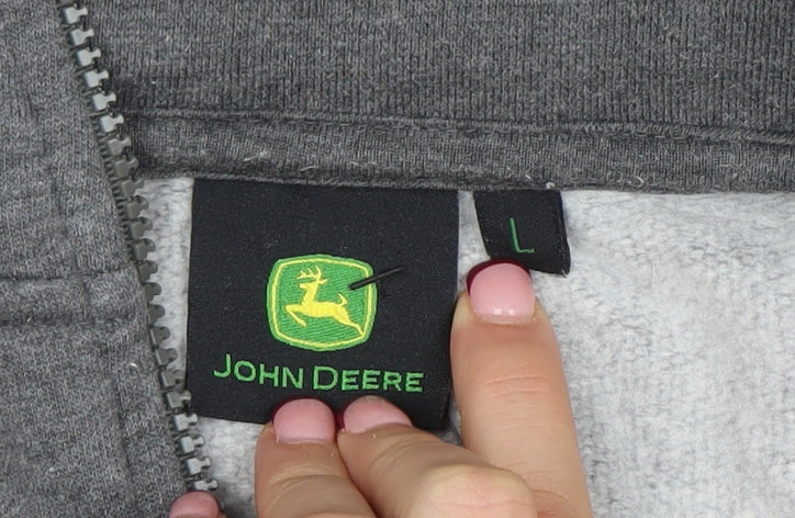 John Deere Men's Grey L 1/2 Zip Hoodie Fleece Pullover Logo Sweatshirt
