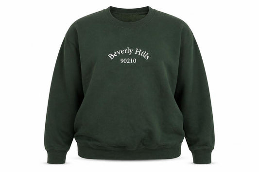 Front view of PRETTYLITTLETHING Women’s Green Beverly Hills 90210 Crew Neck Sweatshirt, size L