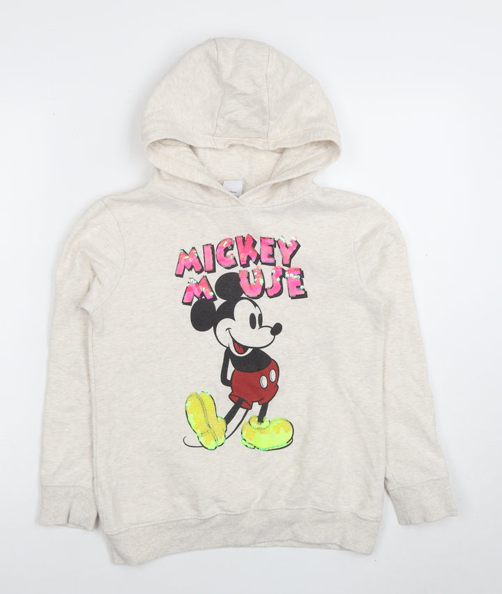 Next Girls Beige Mickey Mouse Sequin Pullover Hoodie 10 Years