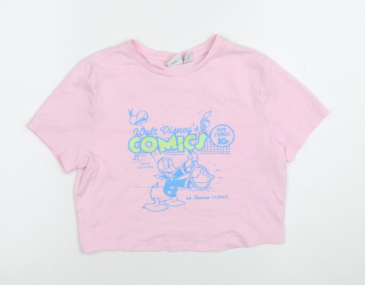 Disney Women’s Pink Donald Duck Cropped T-Shirt Size M Regular Fit