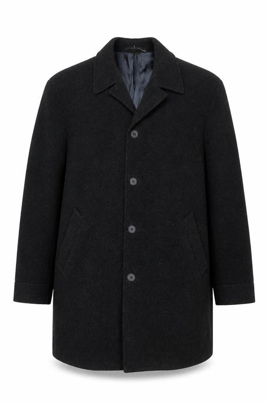 Front view of Kistermann Men's Black Wool Cashmere Blend Mid-Length Overcoat M