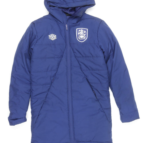 Umbro Men's Blue Long Hooded Puffer Jacket Size S Football Style