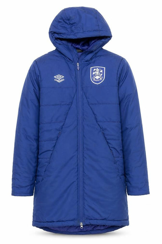 Front view of Umbro Men's Blue Long Hooded Puffer Jacket, size S, Football Style