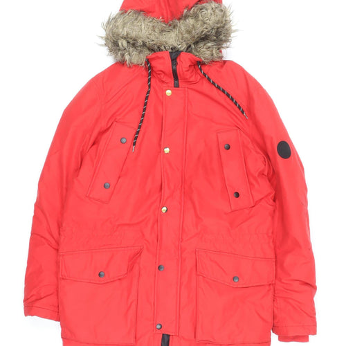 Jack & Jones Mens Red Parka Coat M Windproof Water Resistant Faux Fur Hood