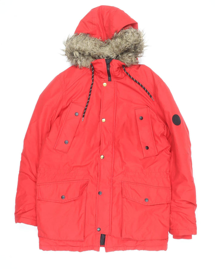 Jack & Jones Mens Red Parka Coat M Windproof Water Resistant Faux Fur Hood