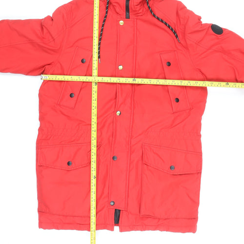 Jack & Jones Mens Red Parka Coat M Windproof Water Resistant Faux Fur Hood