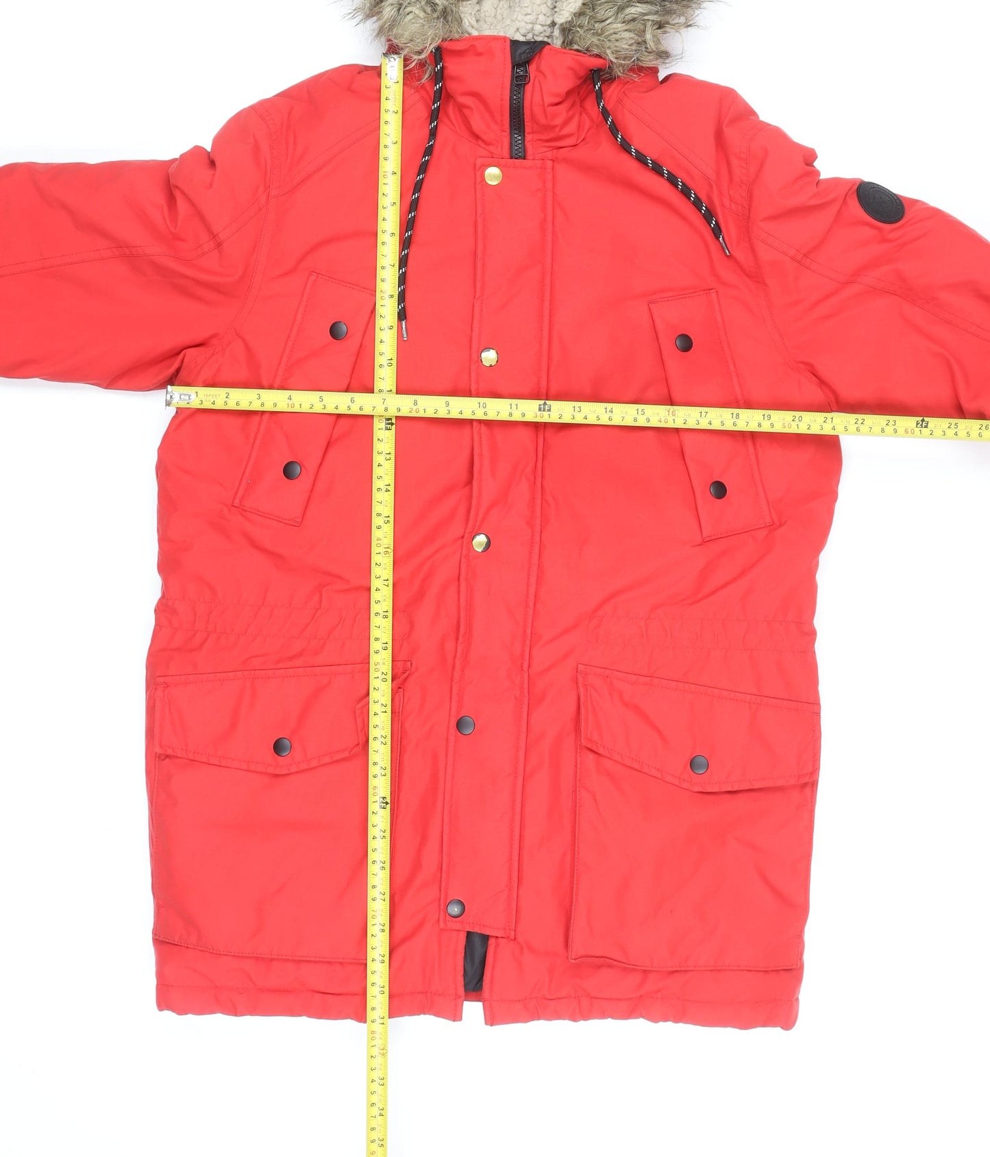 Jack & Jones Mens Red Parka Coat M Windproof Water Resistant Faux Fur Hood
