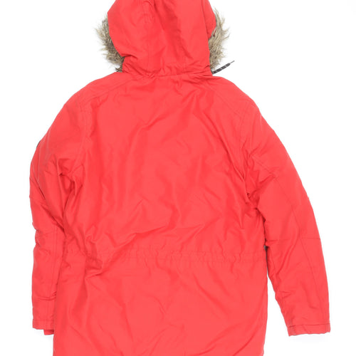 Jack & Jones Mens Red Parka Coat M Windproof Water Resistant Faux Fur Hood