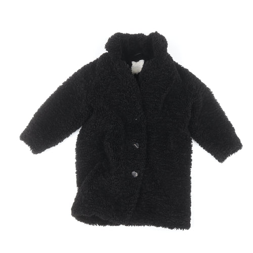 Next Girls Black Faux Fur Fleece Coat Size 3 Years Button Up Winter Jacket
