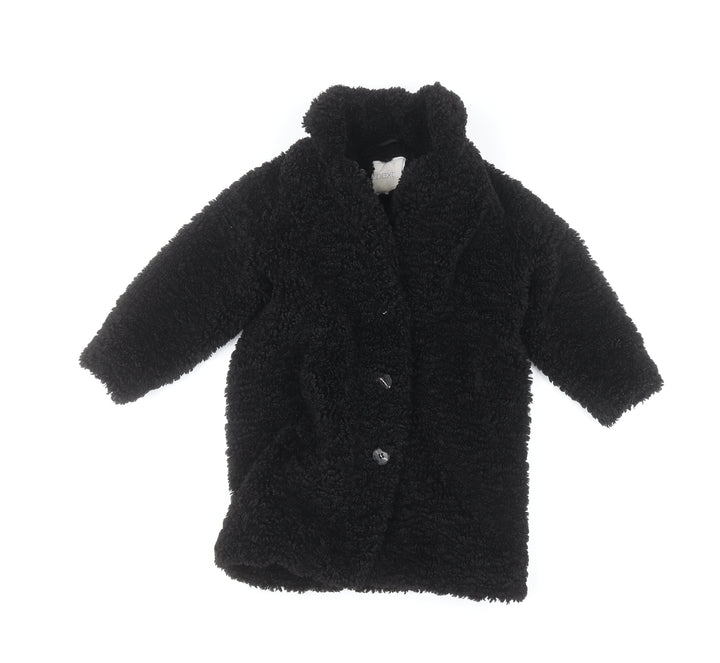 Next Girls Black Faux Fur Fleece Coat Size 3 Years Button Up Winter Jacket