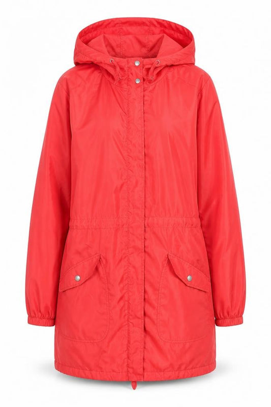 Front view of Label Be Women's Red Hooded Lightweight Anorak Jacket, size 14