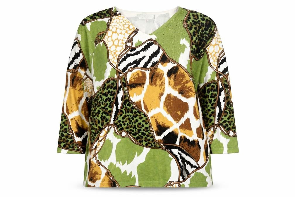Paco Boutique Women’s Multicoloured Animal Print V-Neck 3/4 Sleeve Jumper Size 16