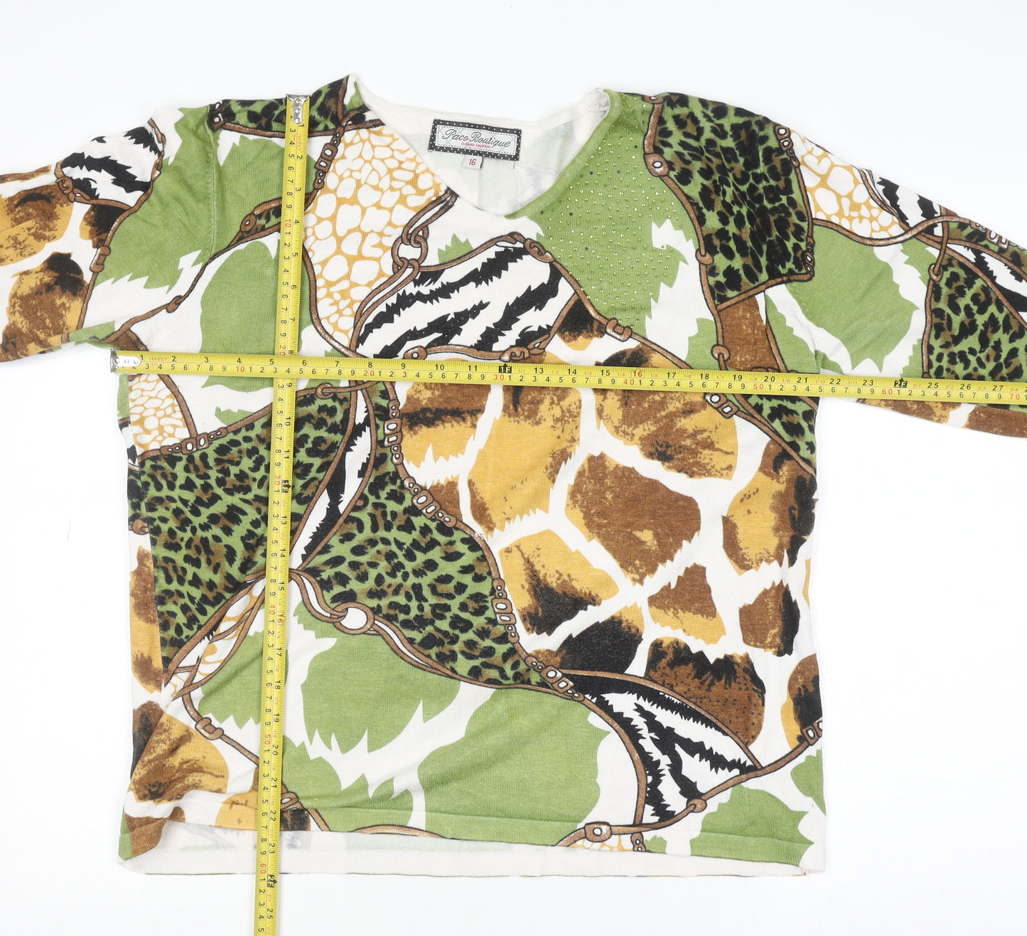 Paco Boutique Women’s Multicoloured Animal Print V-Neck 3/4 Sleeve Jumper Size 16