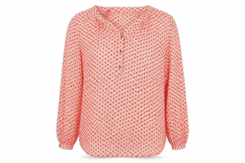 Front view of Dunnes Women Red Geometric Long Sleeve Blouse, size L, Polyester