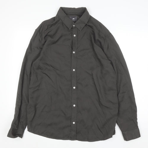 H&M Men's Regular Fit Black Lyocell Long Sleeve Button-Up Shirt L