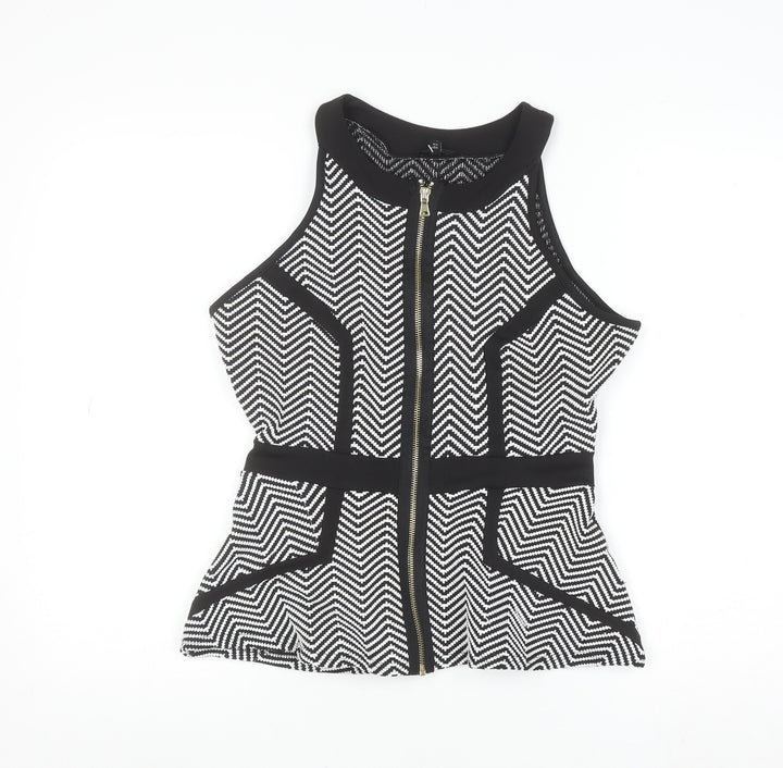 River Island Women’s Black & White Geometric Zip Front Sleeveless High Neck Cropped Top Size 10