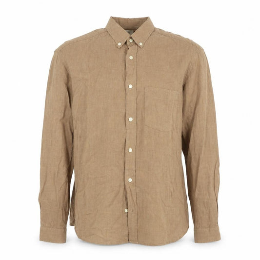 Front view of H&M Men’s Brown Regular Fit Cotton Button-Up Shirt, size S
